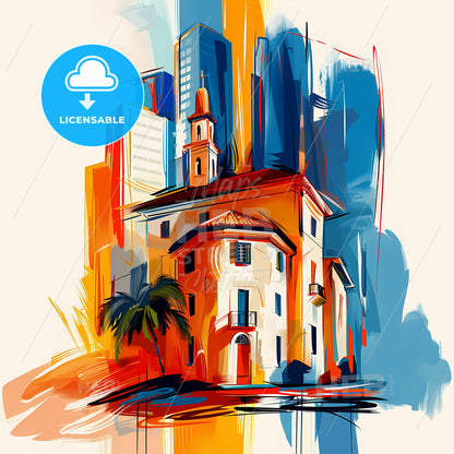 Vibrant Miami Gardens, Florida - A Painting Of A Building With A Palm Tree And A Building In The Background