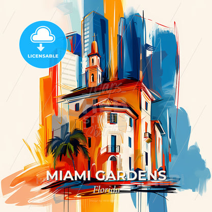 Vibrant Miami Gardens, Florida - A Painting Of A Building With A Palm Tree And A Building In The Background - Square format print template
