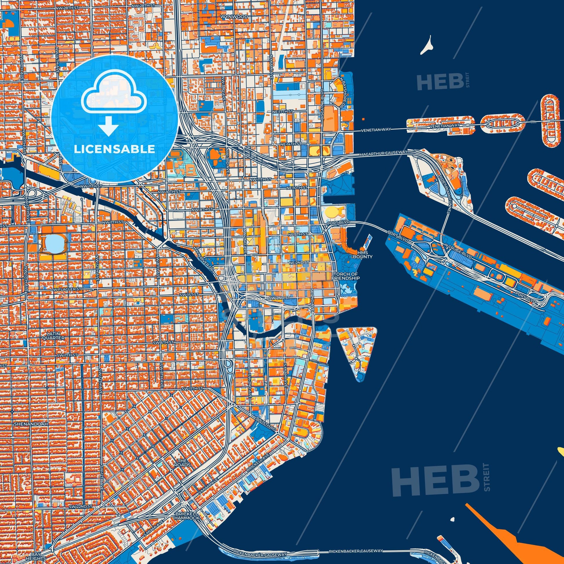 Colorful Miami Street Map with Labels and Buildings