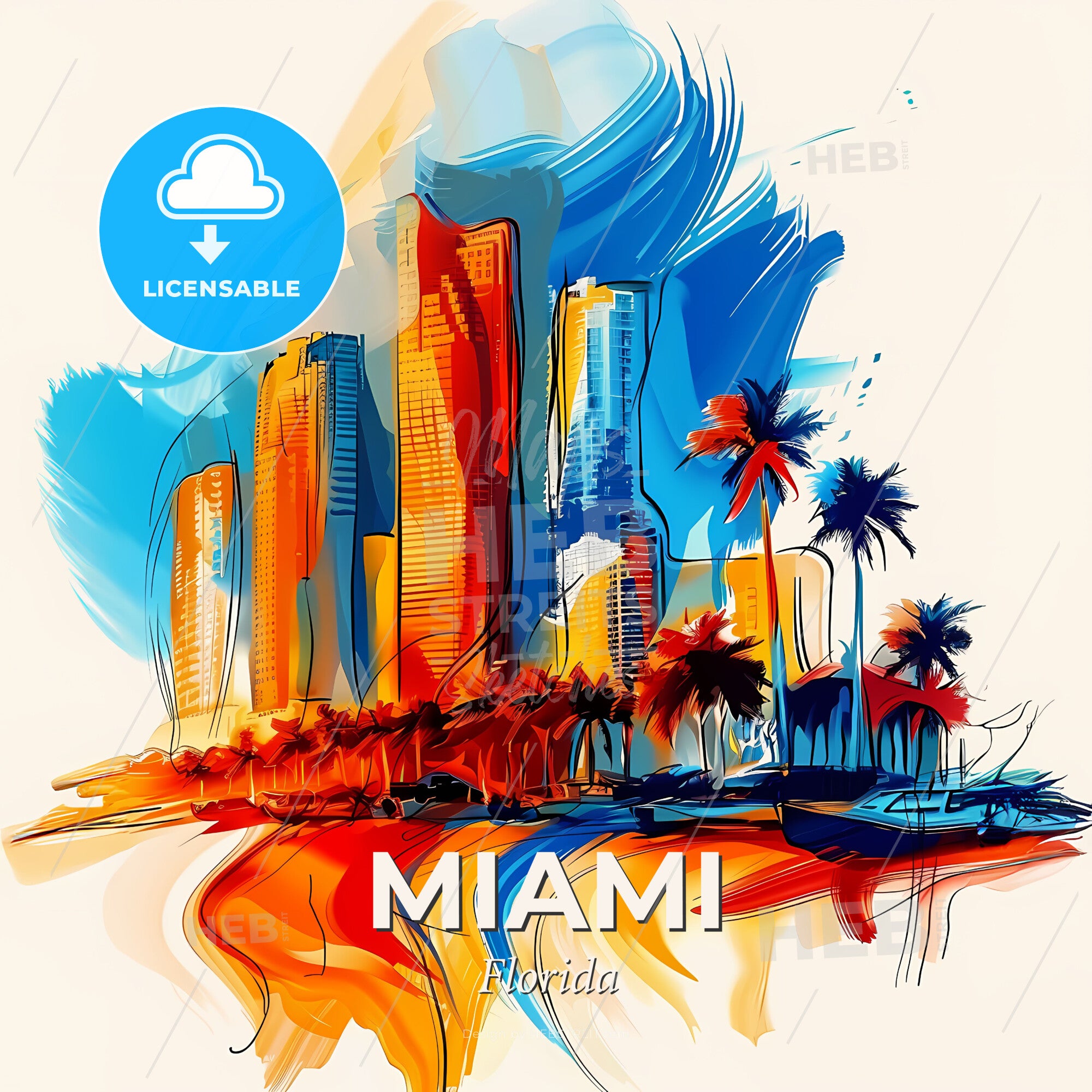 Miami Simplistic Vibrant Miami, Florida - A Colorful Cityscape With Palm Trees – HEBSTREITS
