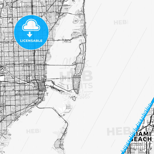 Miami Beach, Florida light map with streetnames, citynames and districts