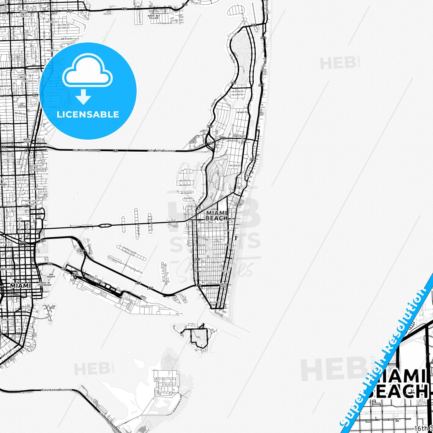 Miami Beach, Florida Light Map with Street Names, City Names, and Districts