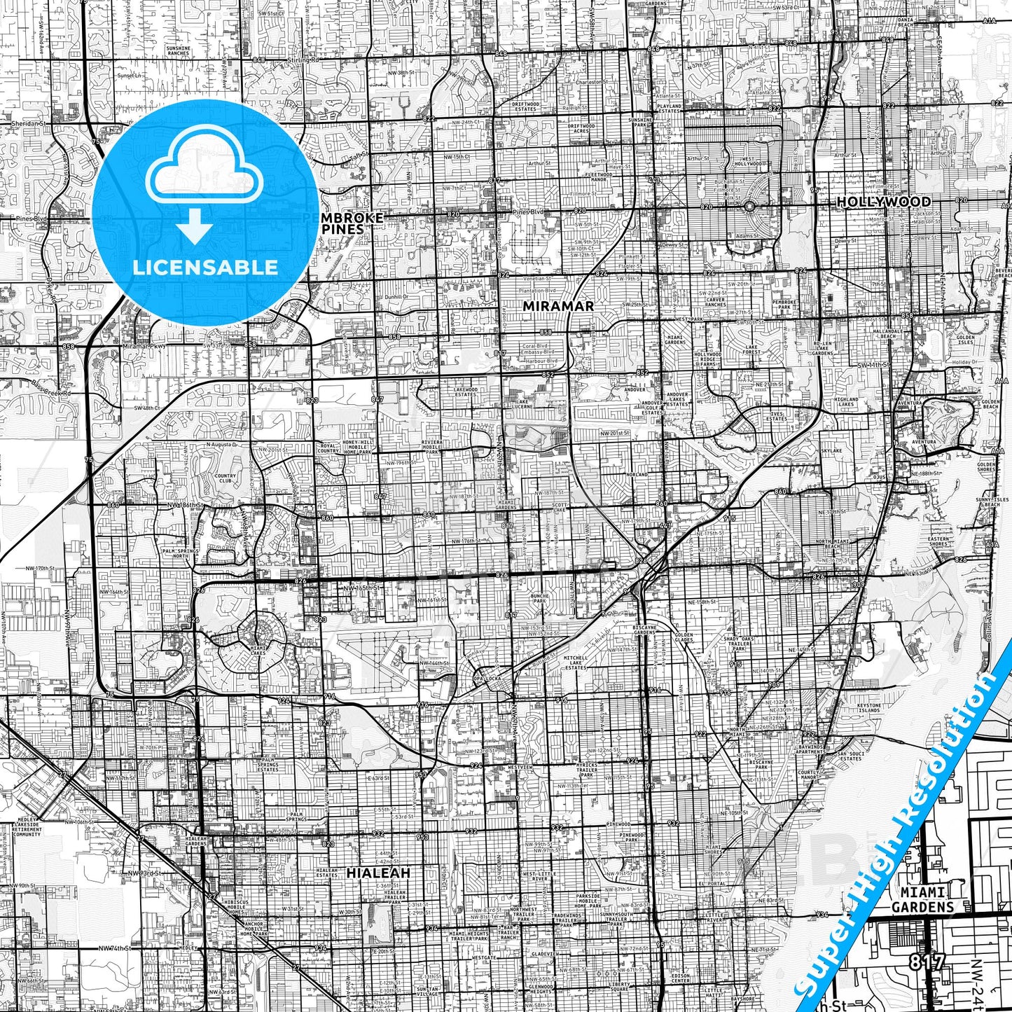 Miami Gardens, Florida light map with streetnames, citynames and districts