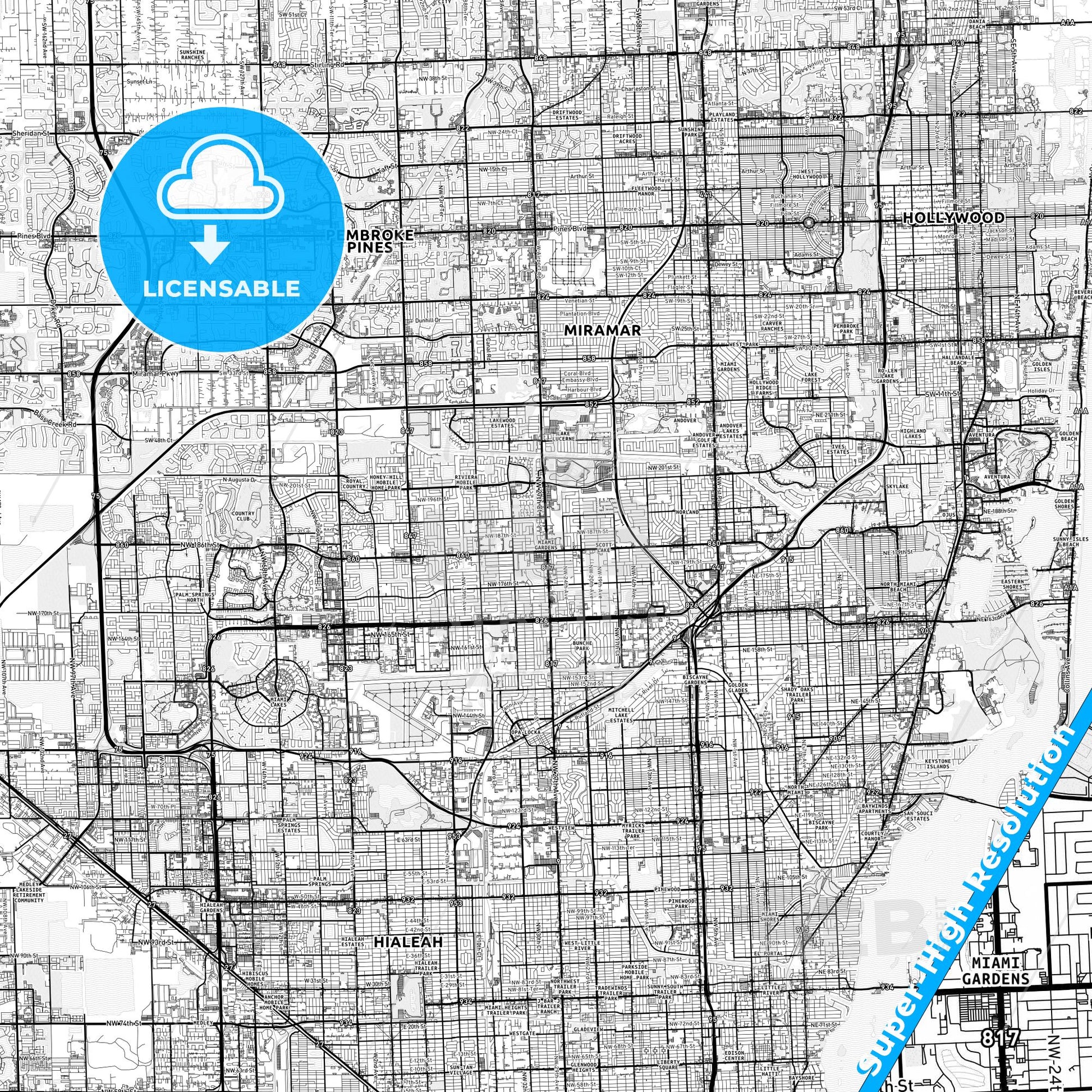 Miami Gardens, Florida light map with streetnames, citynames and districts