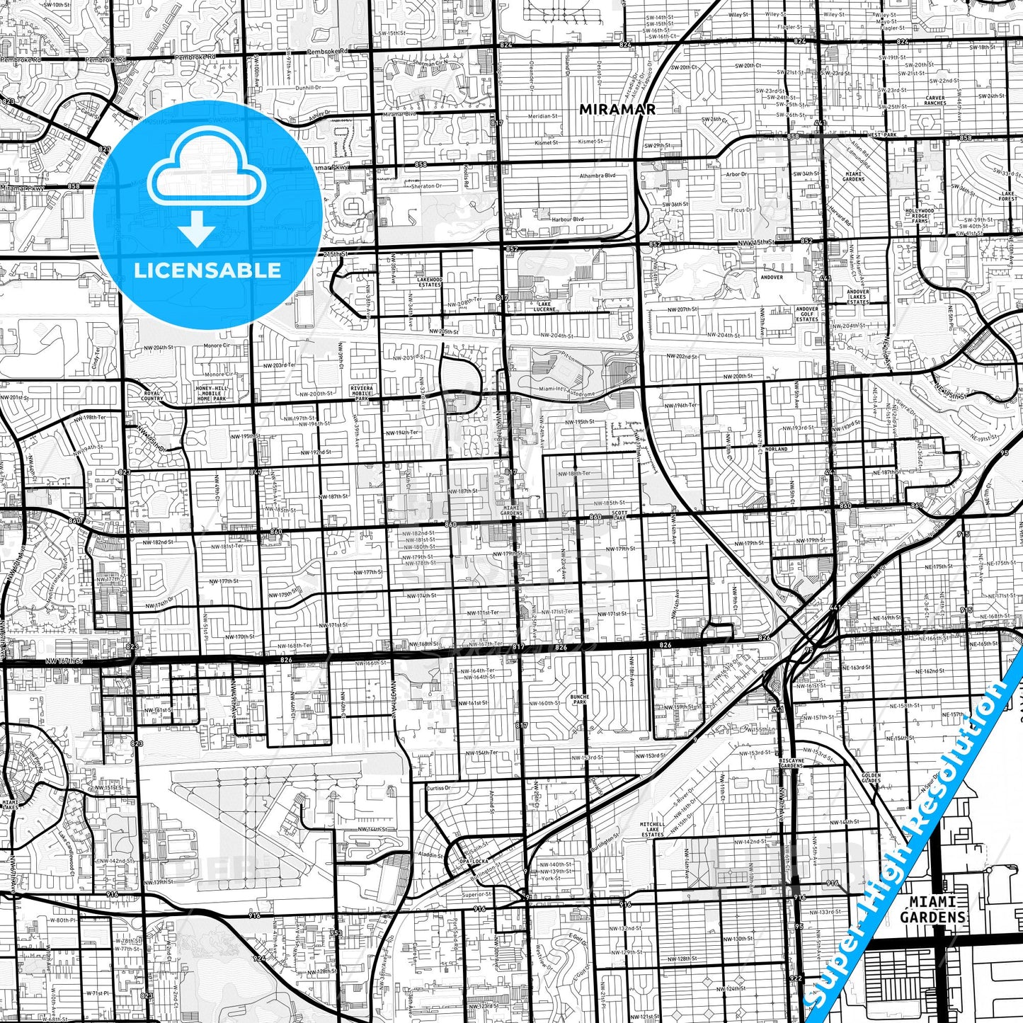 Miami Gardens, Florida Light Map with Street Names, City Names, and Districts