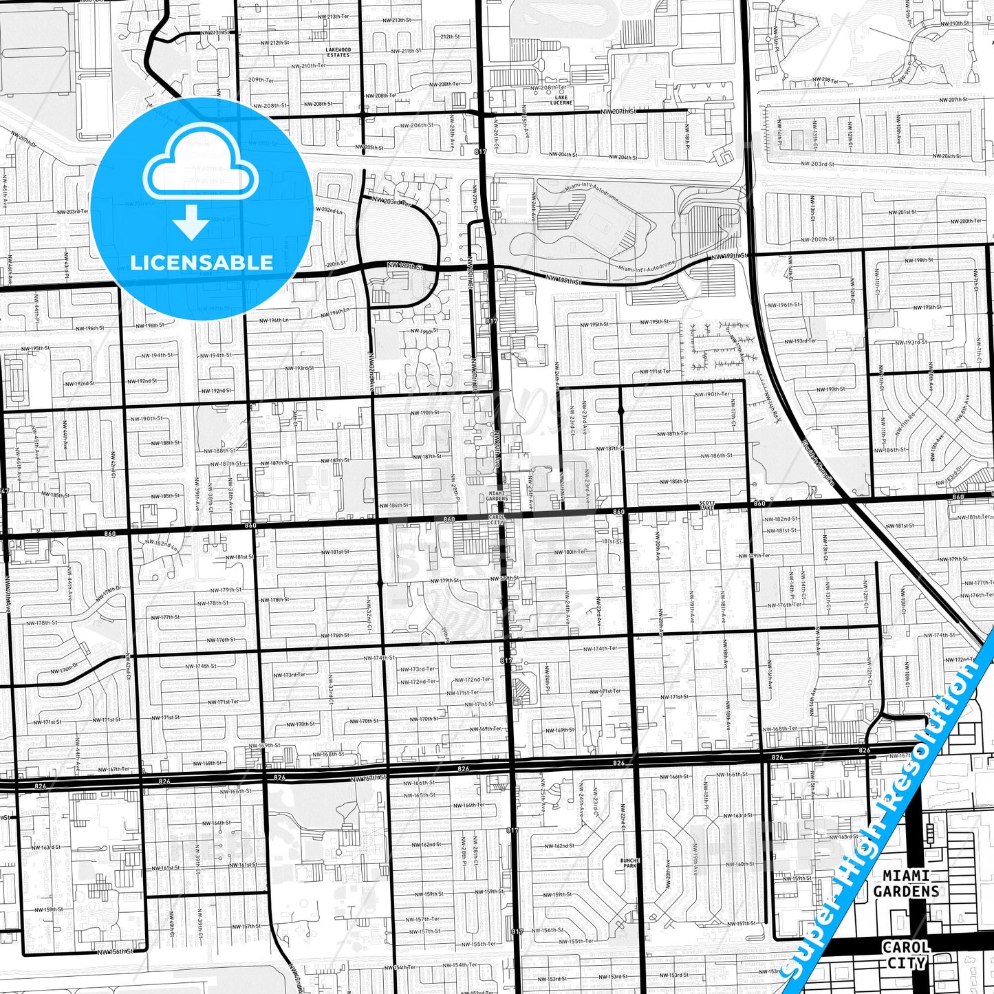 Miami Gardens, Florida Light Map with Street Names, City Names, and Districts