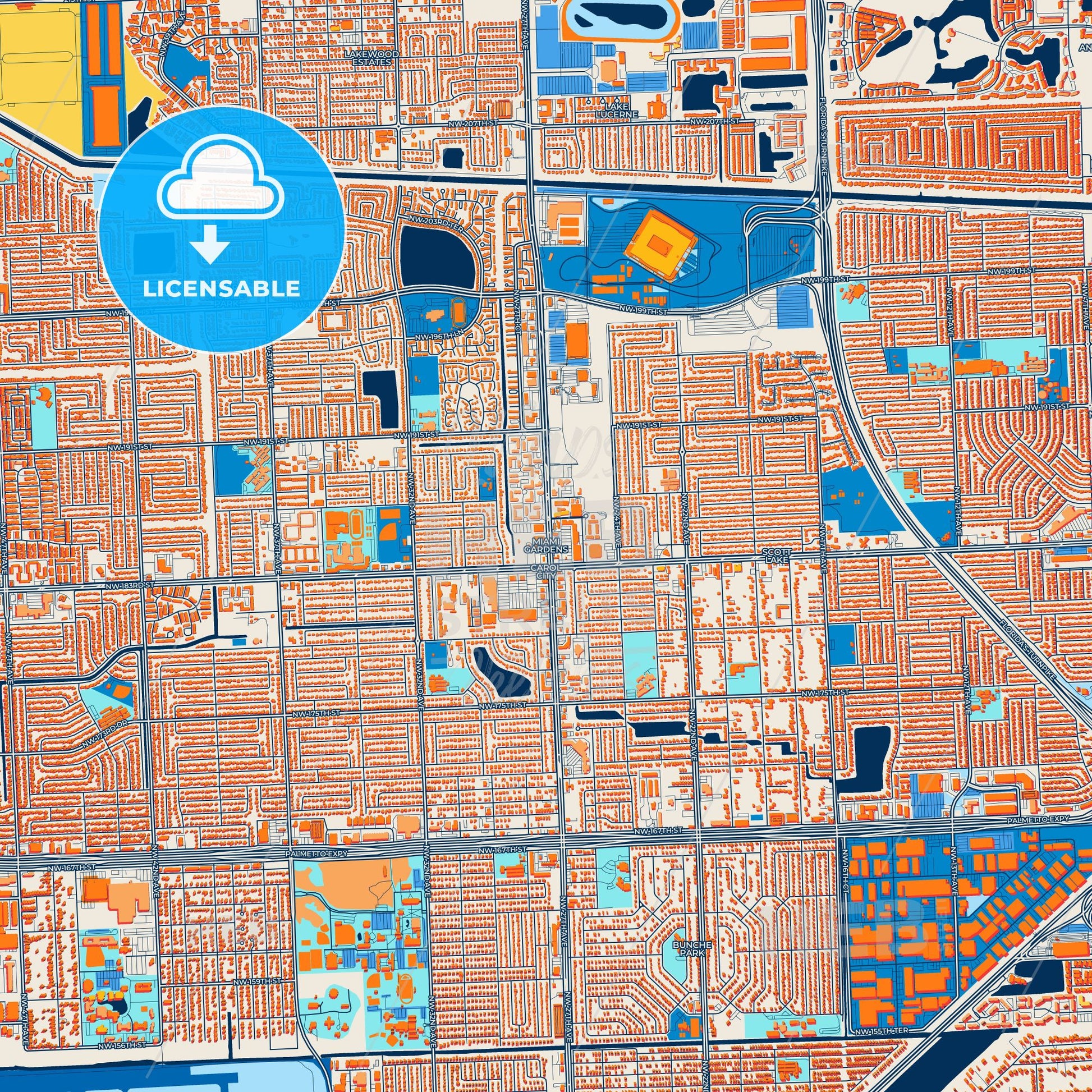 Colorful Miami Gardens Street Map with Labels and Buildings