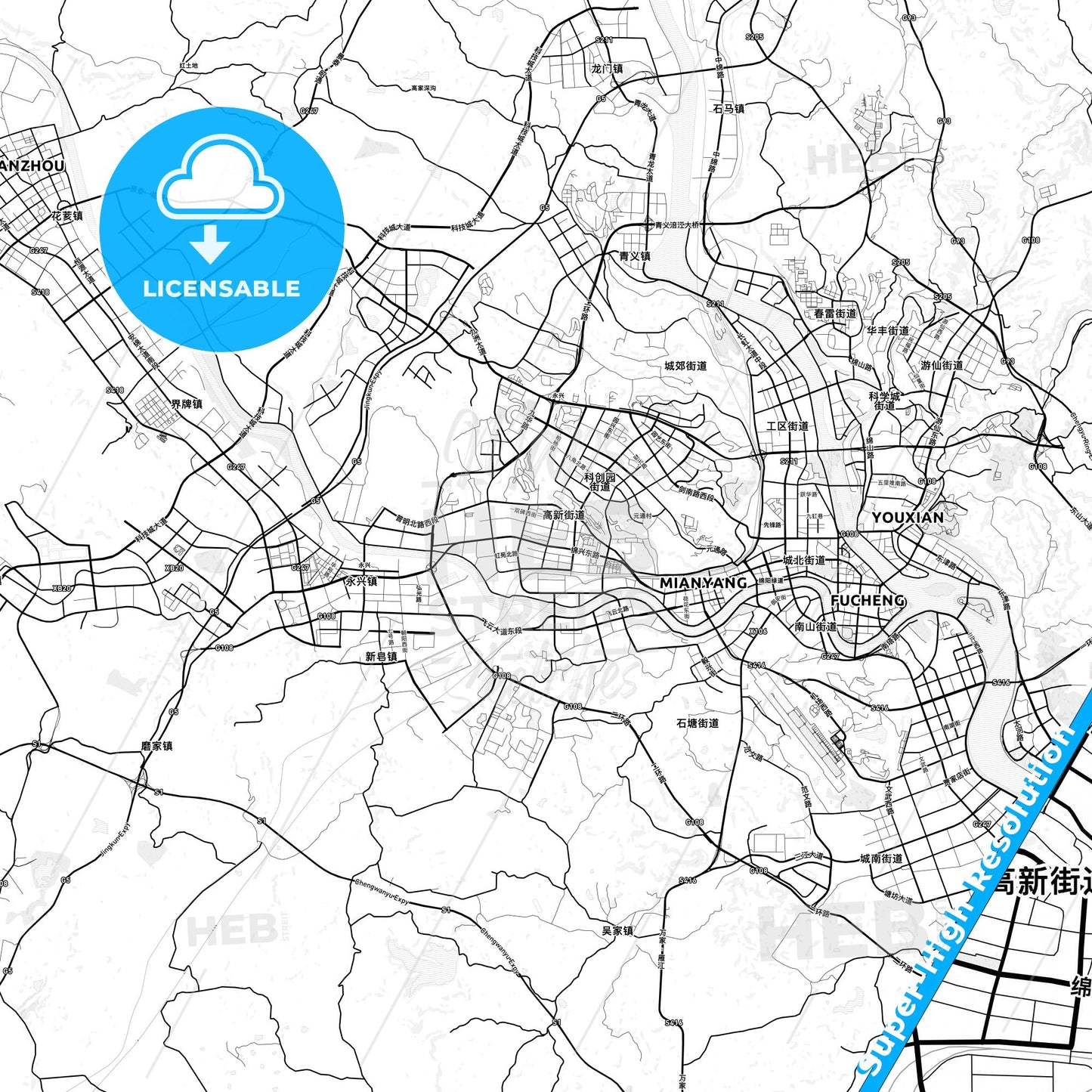 Mianyang, China light map with streetnames, citynames and districts