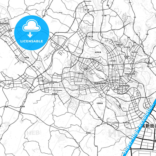 Mianyang, China light map with streetnames, citynames and districts