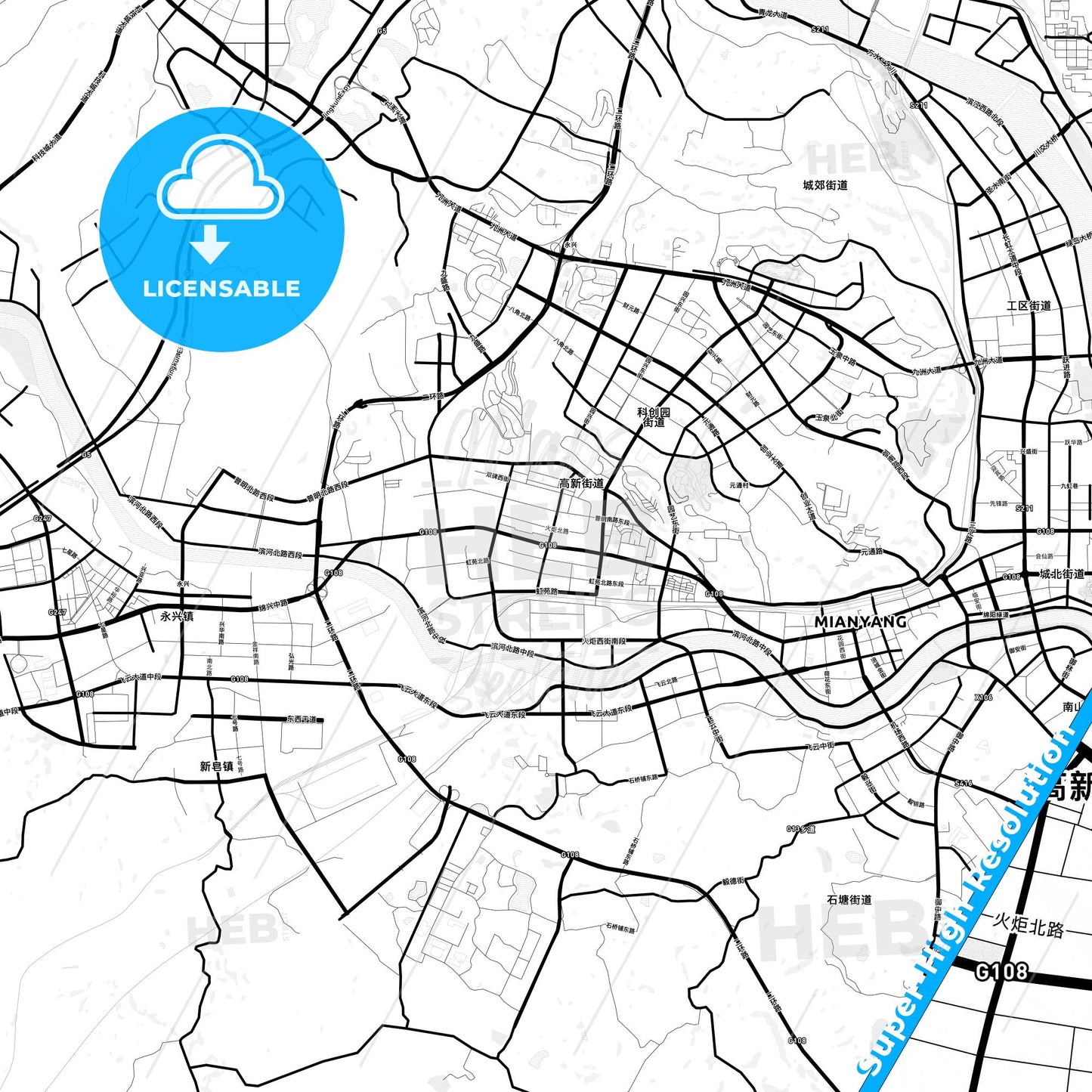 Mianyang, China Light Map with Street Names, City Names, and Districts