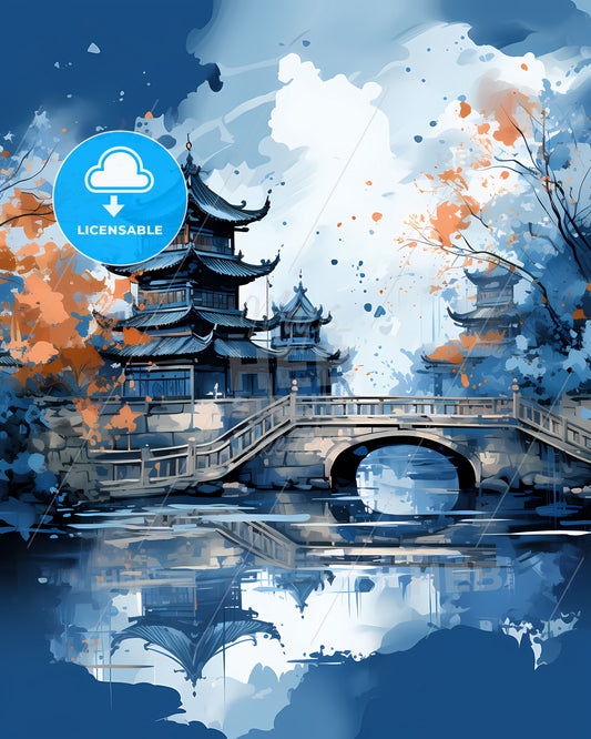 Mianyang China Skyline - Vibrant Painting of a Bridge and Pagoda over Water Artwork