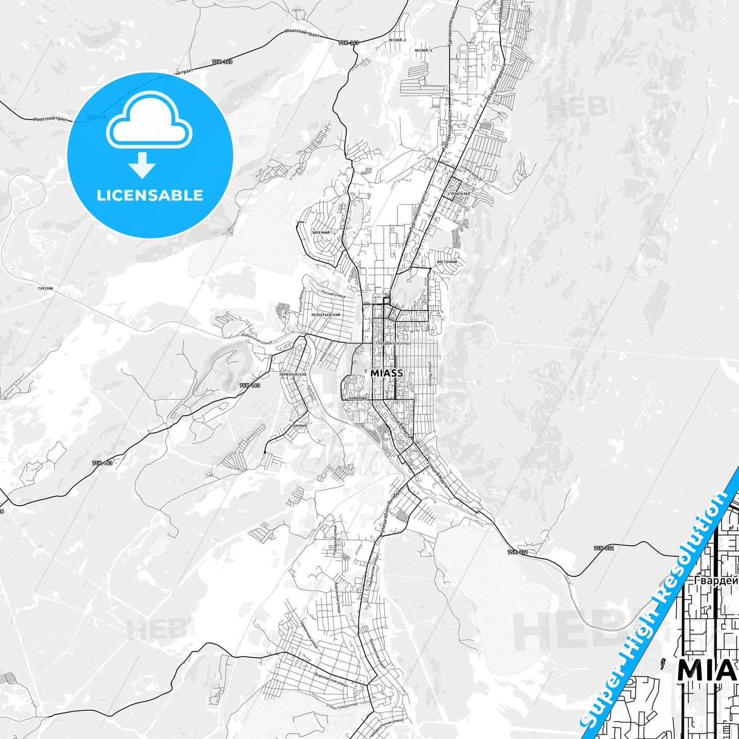 Miass, Russia light map with streetnames, citynames and districts