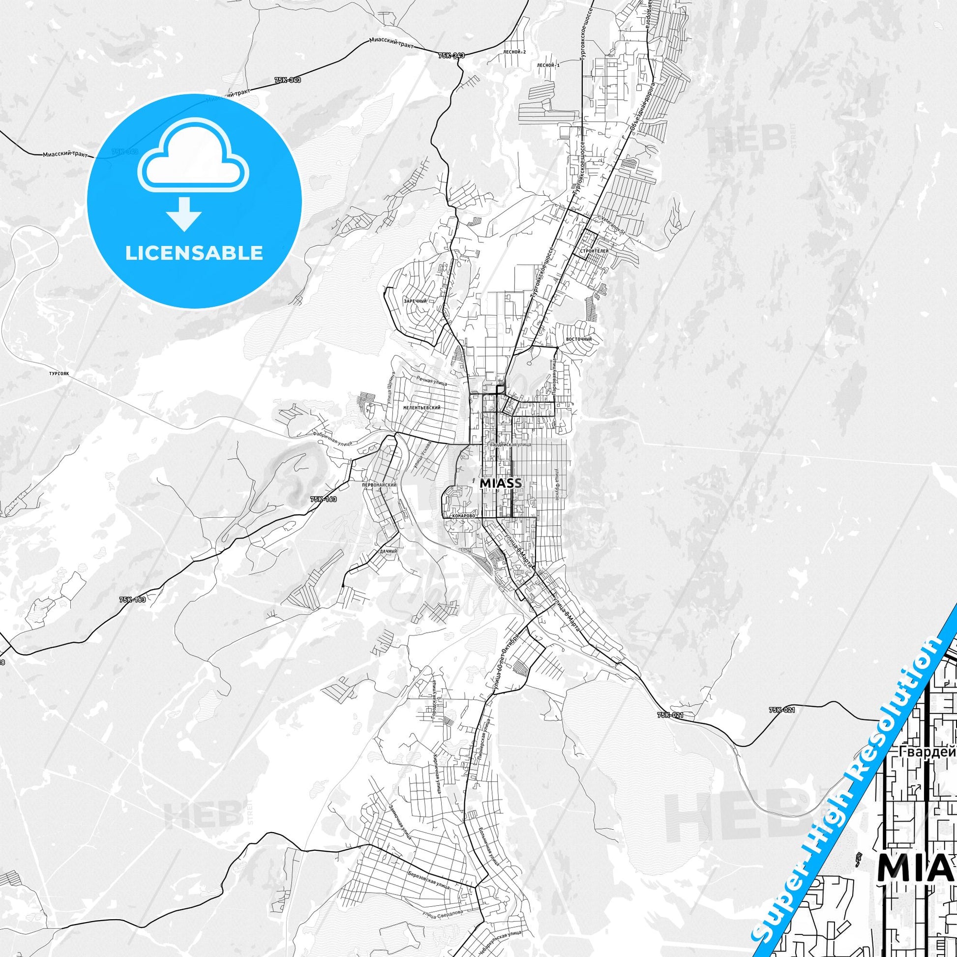 Miass, Russia light map with streetnames, citynames and districts