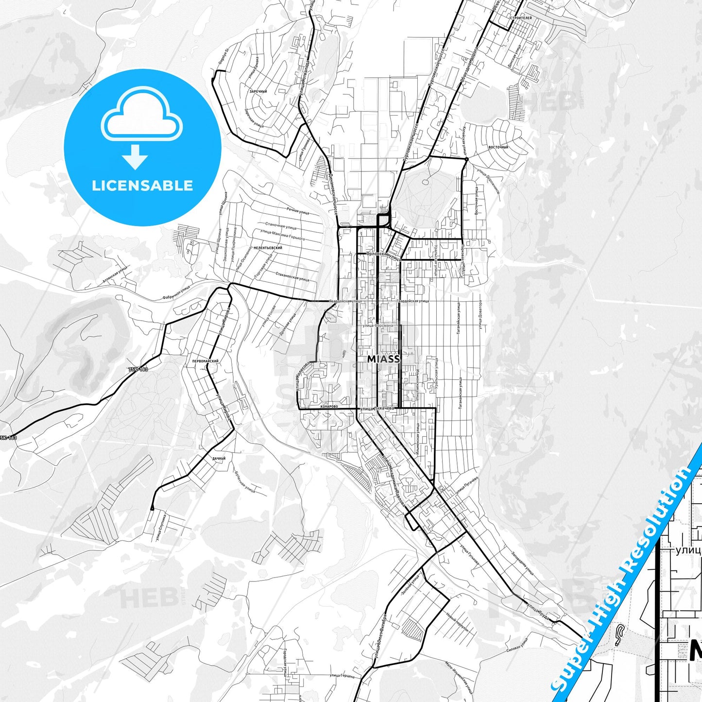 Miass, Russia Light Map with Street Names, City Names, and Districts