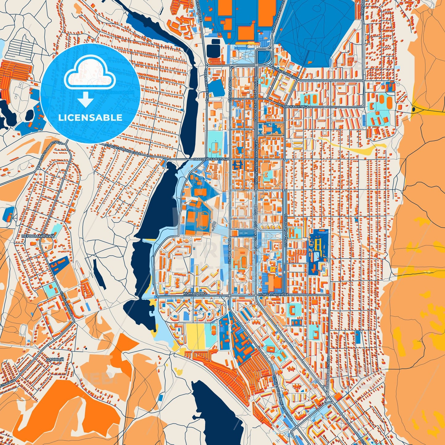 Colorful Miass Street Map with Labels and Buildings