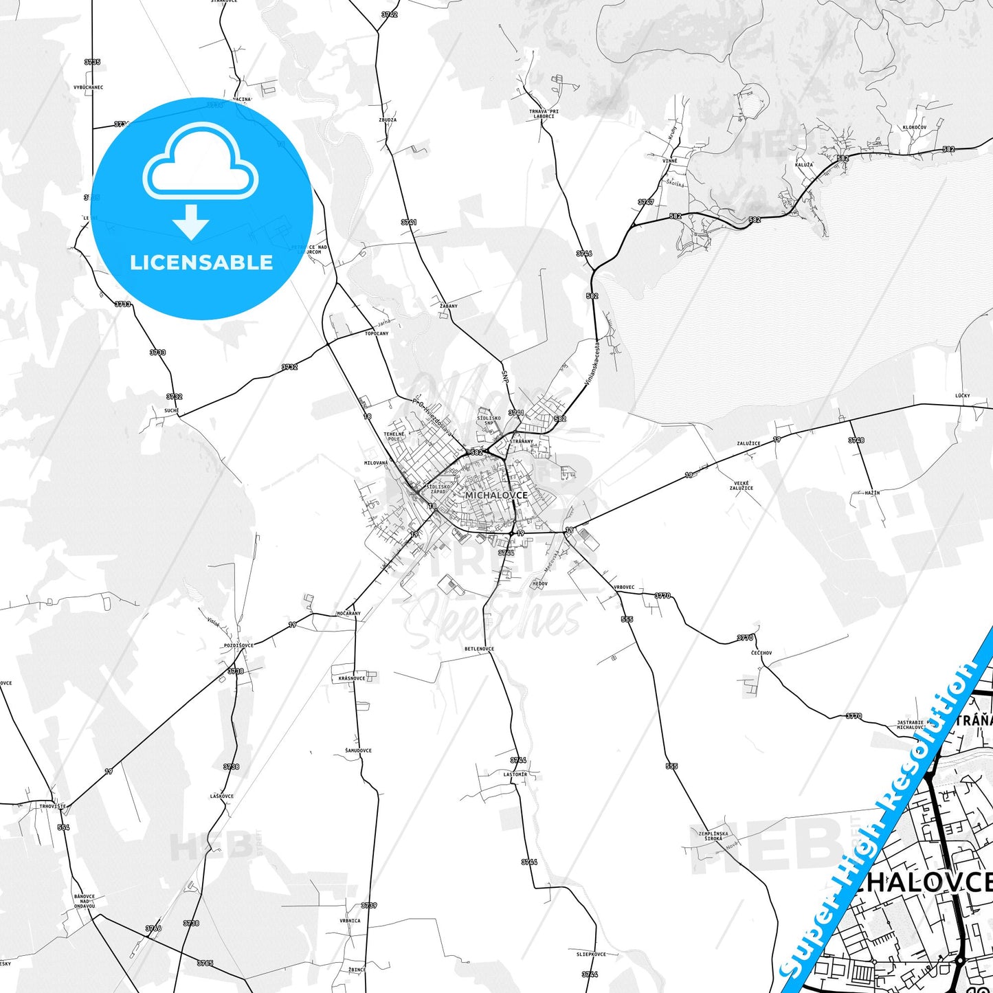Michalovce, Slovakia light map with streetnames, citynames and districts