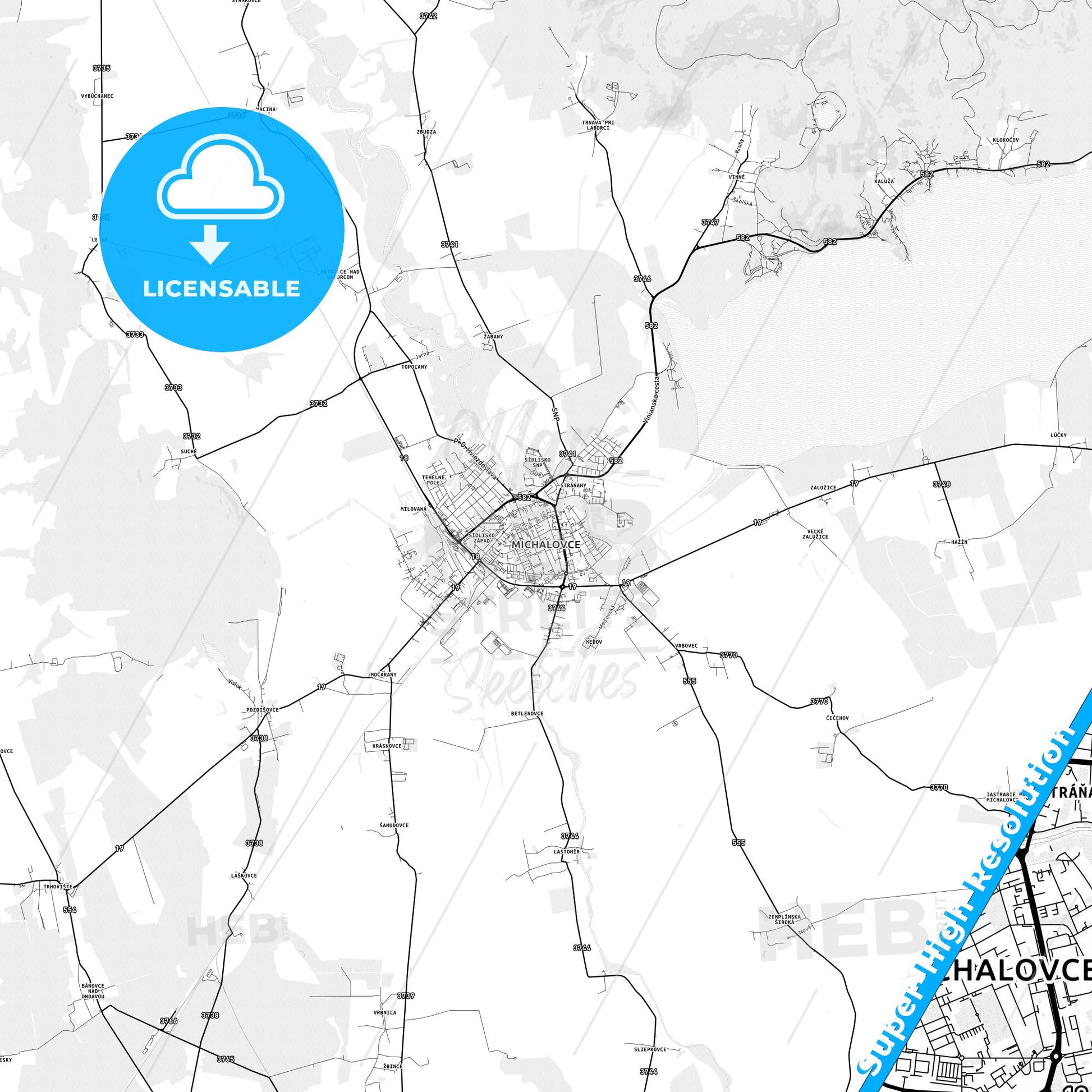 Michalovce, Slovakia light map with streetnames, citynames and districts