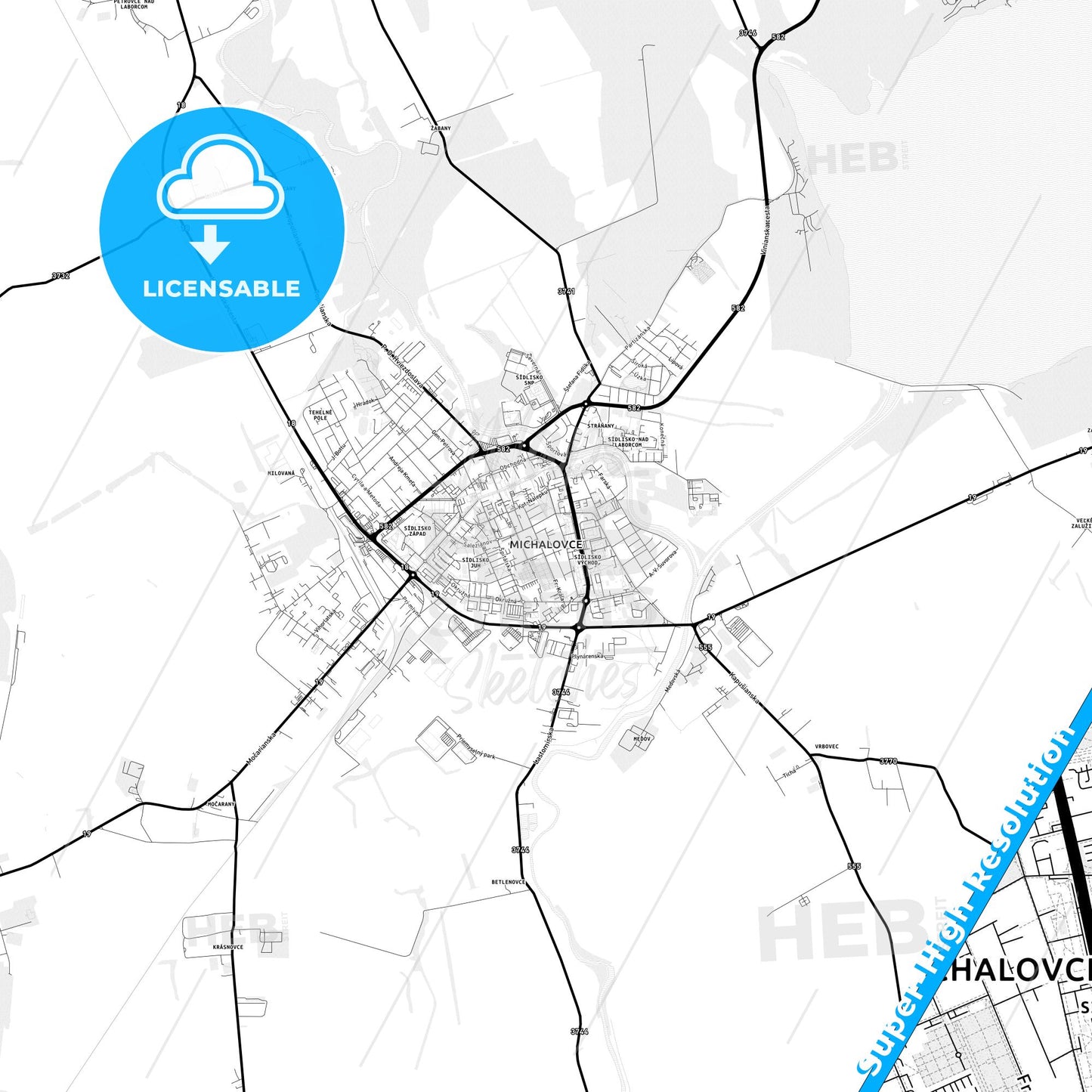 Michalovce, Slovakia Light Map with Street Names, City Names, and Districts