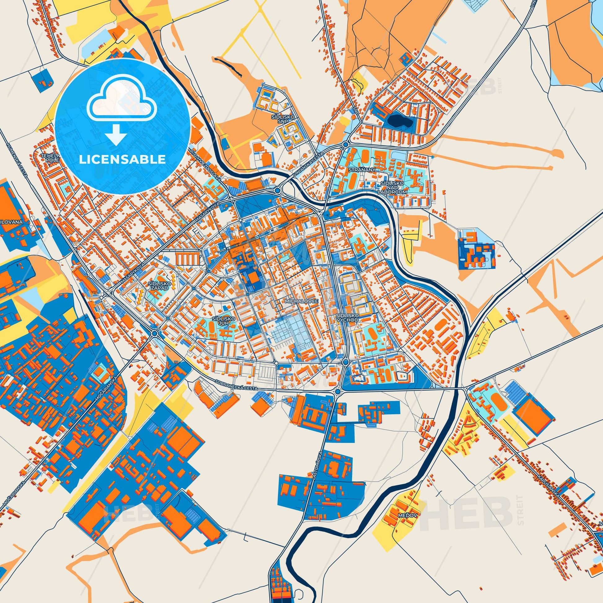 Colorful Michalovce Street Map with Labels and Buildings