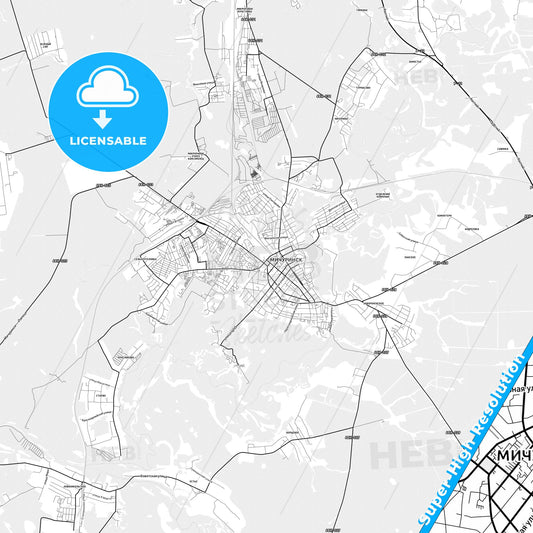 Michurinsk, Russia light map with streetnames, citynames and districts