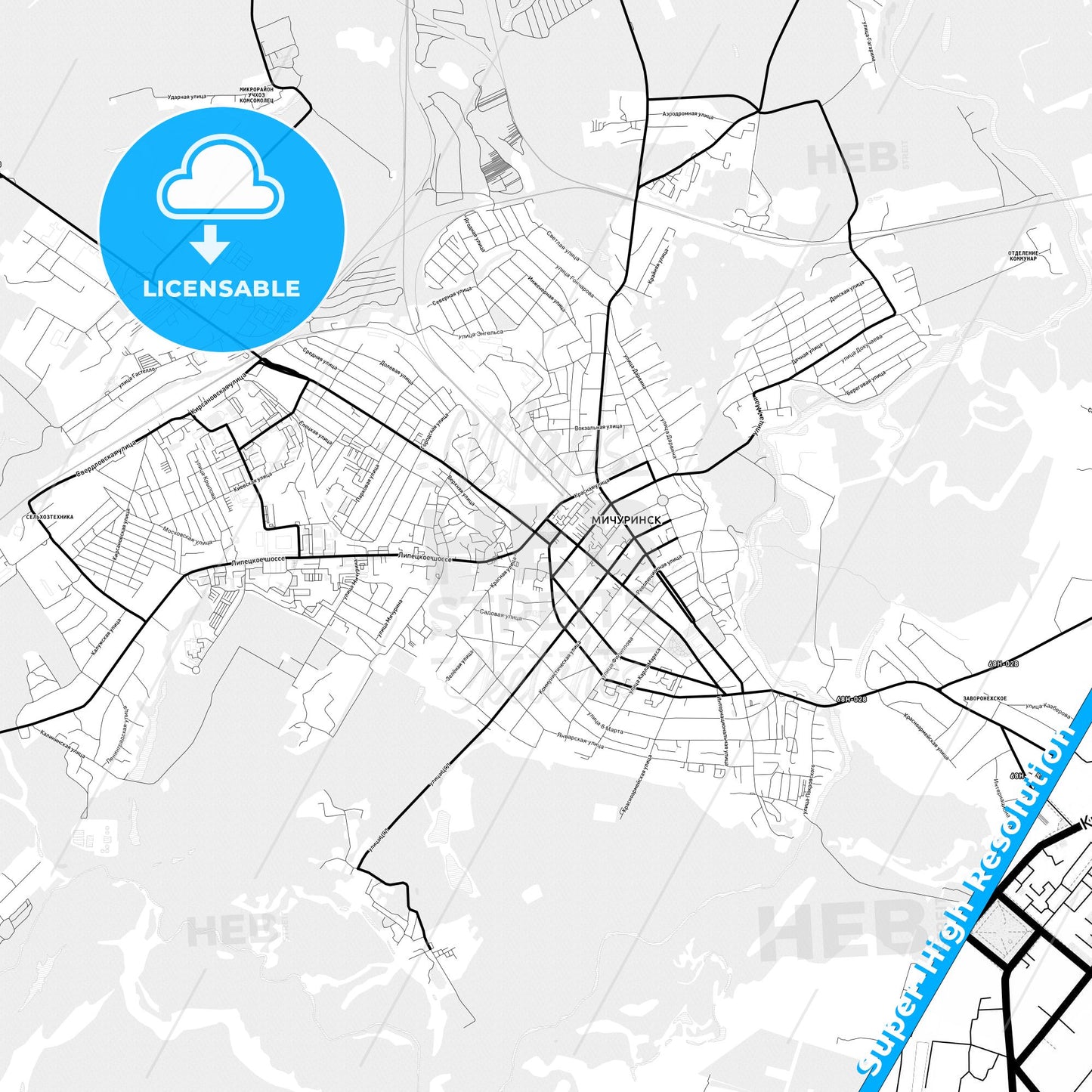 Michurinsk, Russia Light Map with Street Names, City Names, and Districts