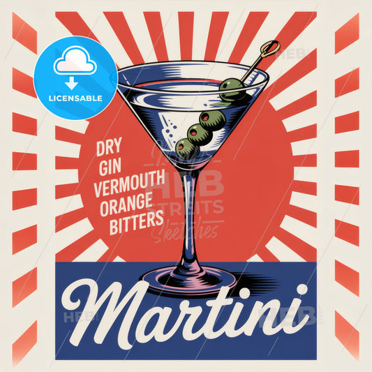 Mid-Century Martini Elegance: Vintage Cocktail Poster with Retro Sunburst Design