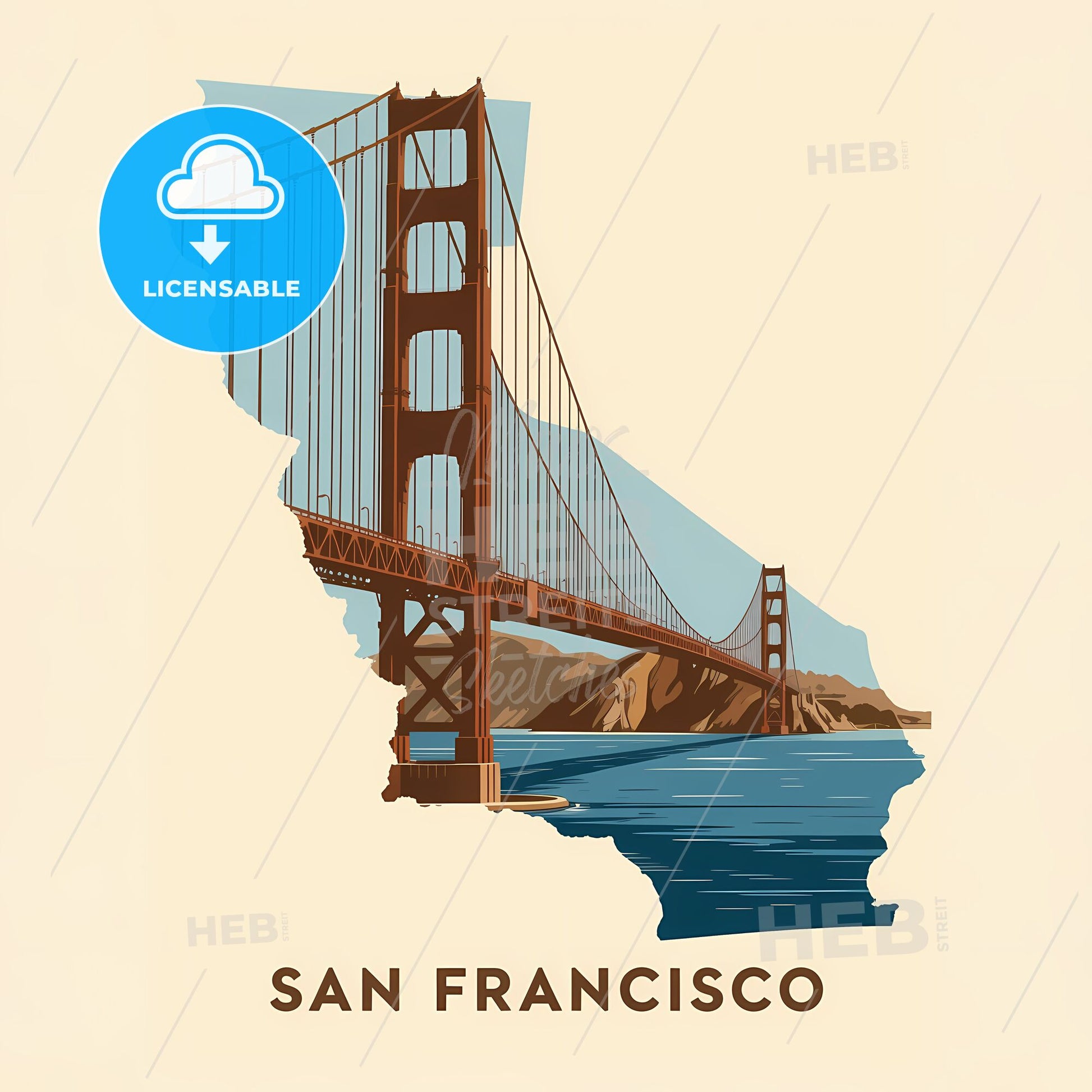 Mid-Century Minimalist Golden Gate Bridge in California Silhouette