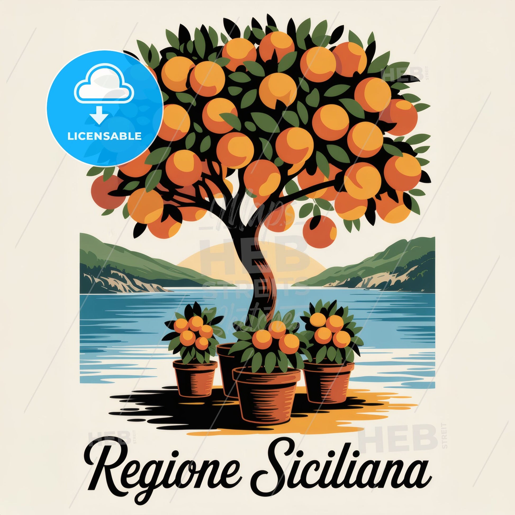 Mid-Century Modern Sicilian Orange Tree Poster: A Coastal Botanical Delight