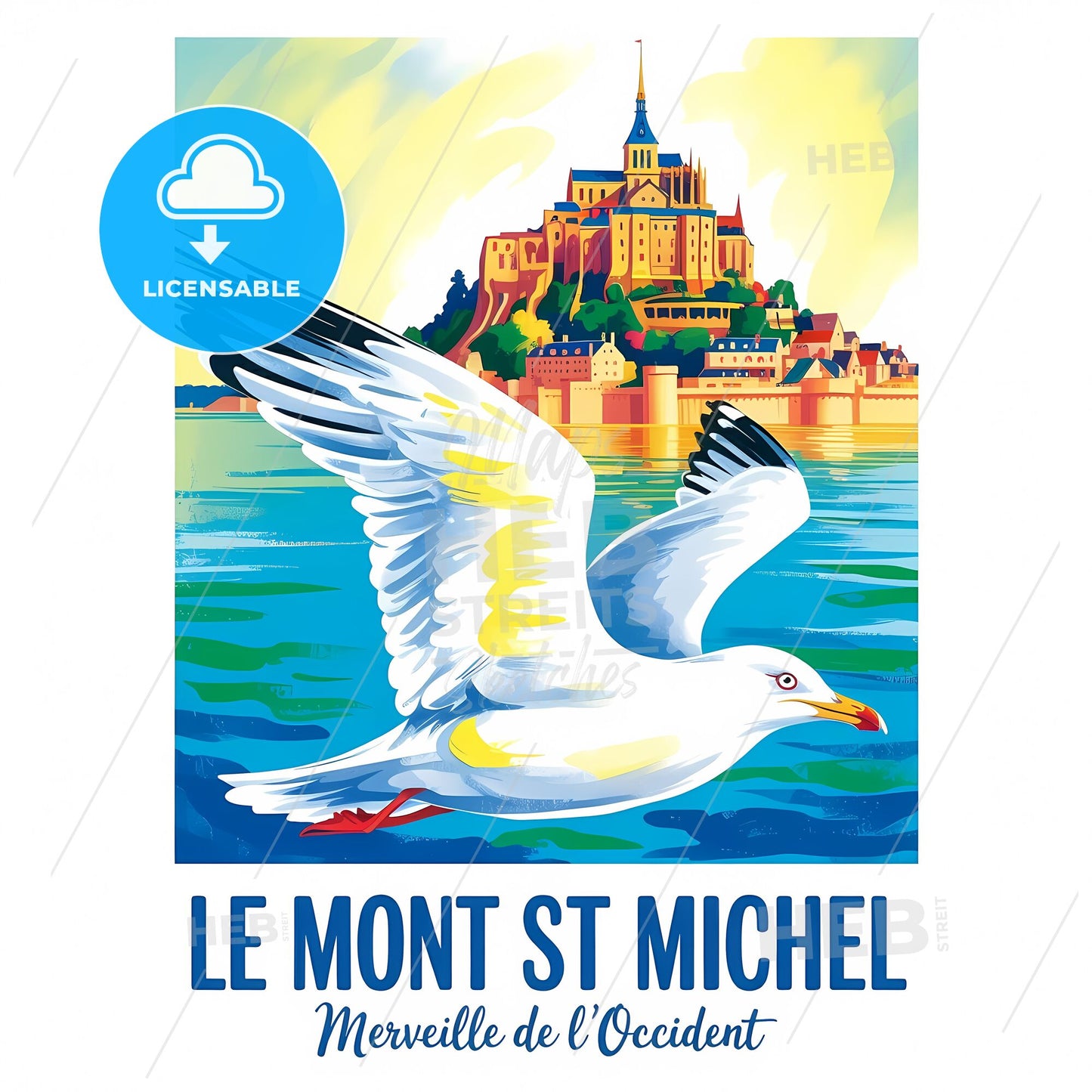 Mid-Century Vintage Travel Poster: Mont Saint-Michel with Majestic Seagull