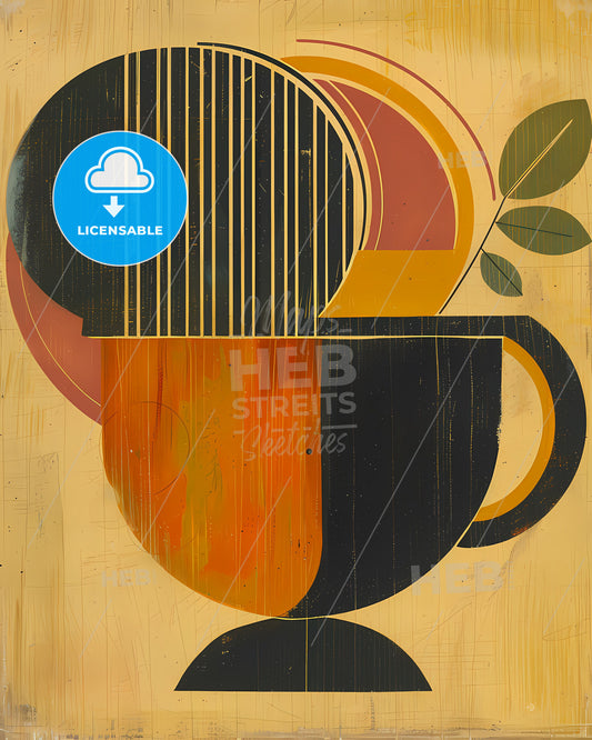 Minimalistic Painting: Vibrant Artwork with Japanese Influence, Featuring Simple Shapes and Decorative Leaf