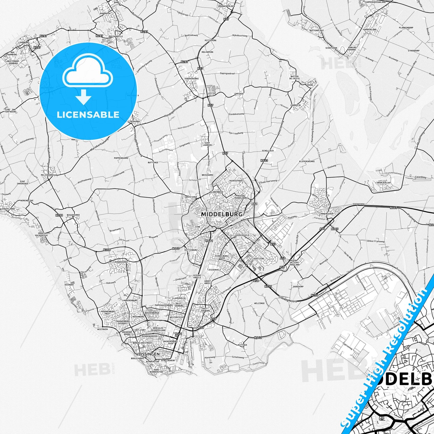 Middelburg, Netherlands light map with streetnames, citynames and districts