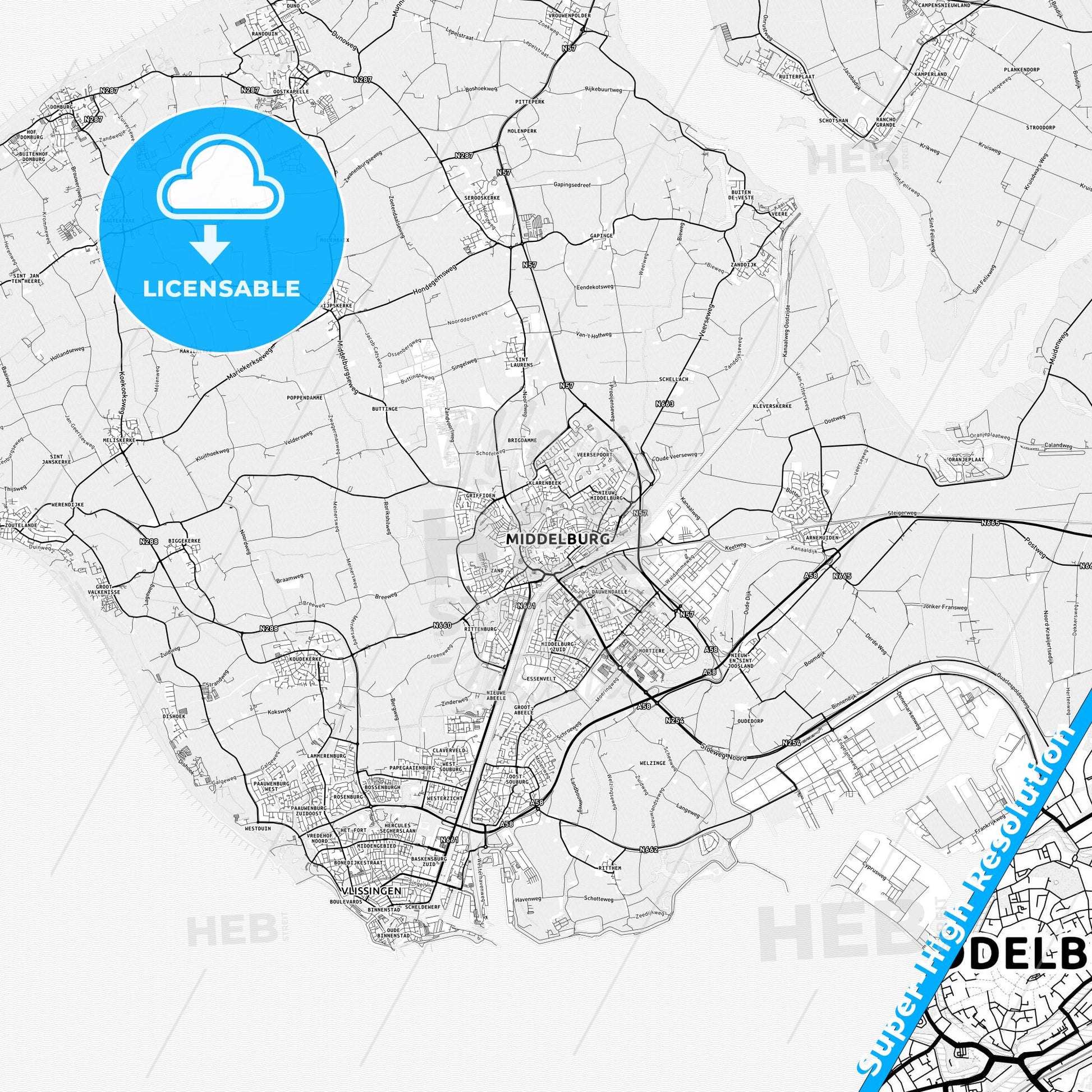 Middelburg, Netherlands light map with streetnames, citynames and districts