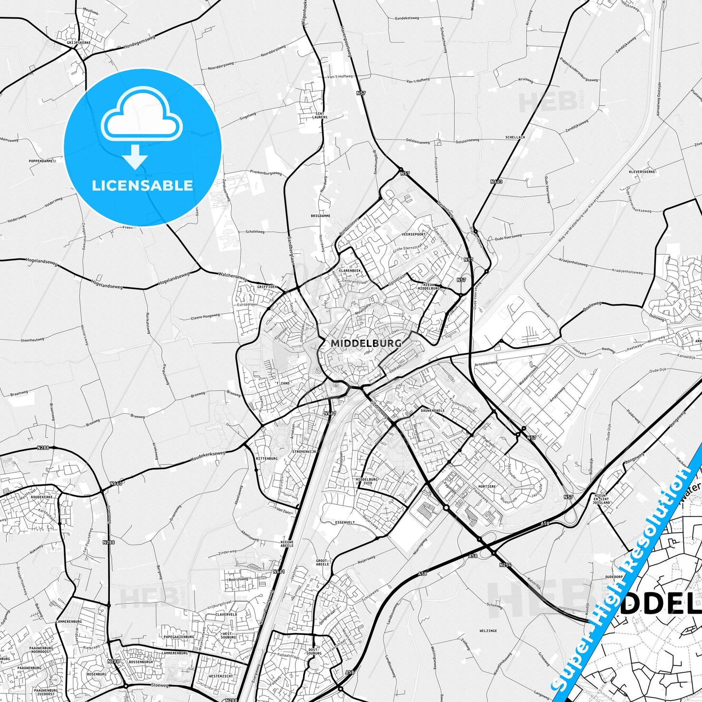 Middelburg, Netherlands Light Map with Street Names, City Names, and Districts