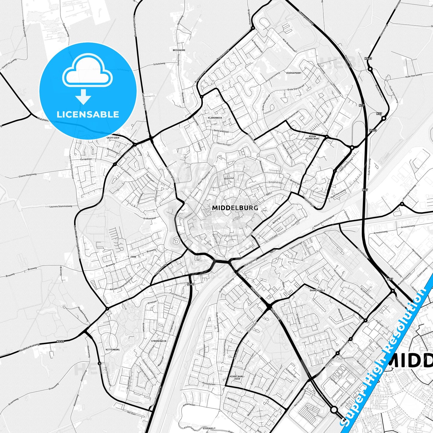 Middelburg, Netherlands Light Map with Street Names, City Names, and Districts