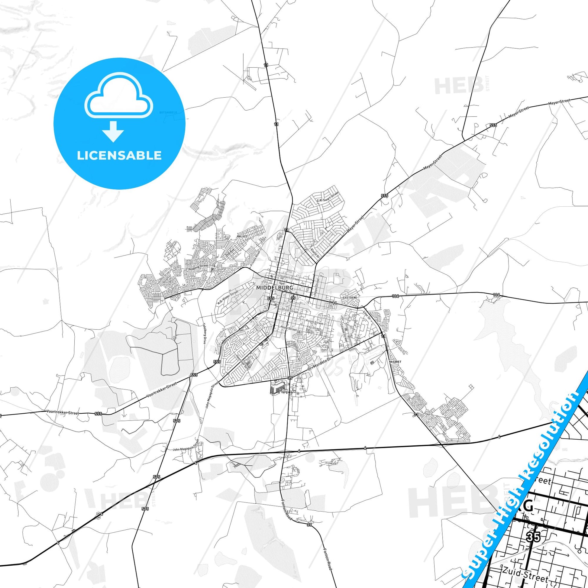 Middelburg, South Africa light map with streetnames, citynames and districts