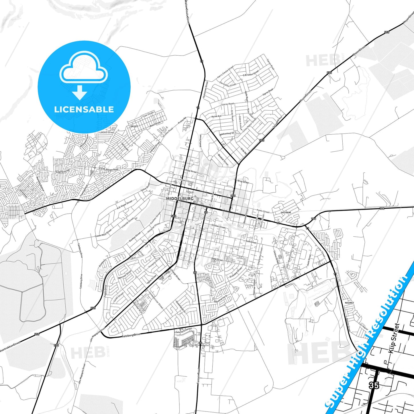 Middelburg, South Africa Light Map with Street Names, City Names, and Districts