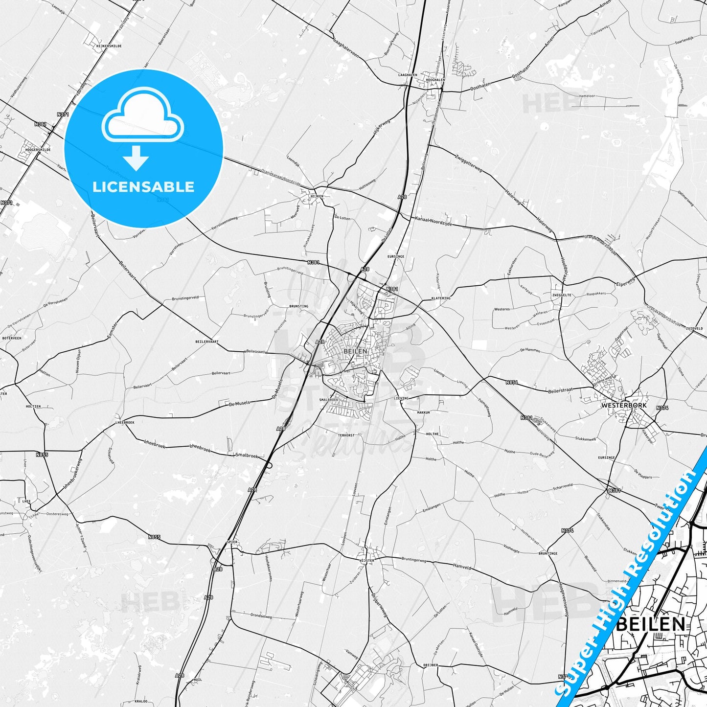 Midden-Drenthe, Netherlands light map with streetnames, citynames and districts