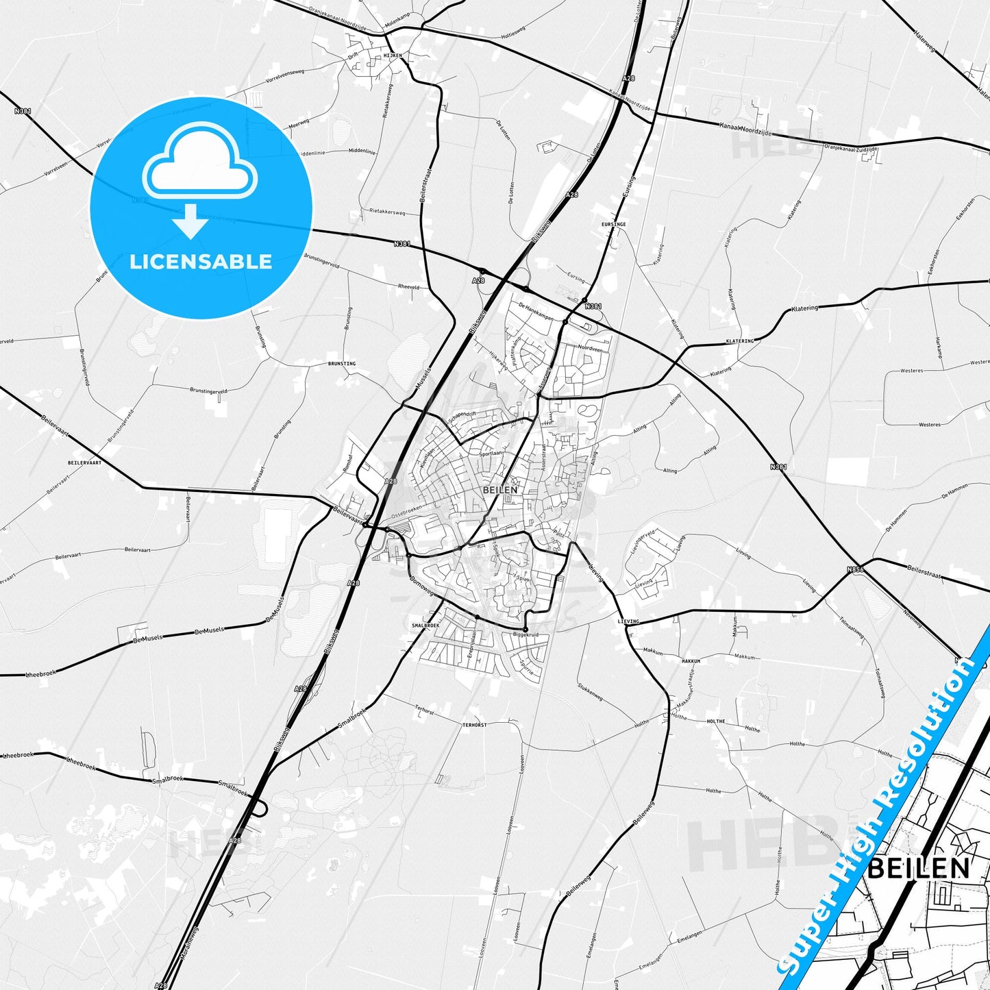 Midden-Drenthe, Netherlands Light Map with Street Names, City Names, and Districts