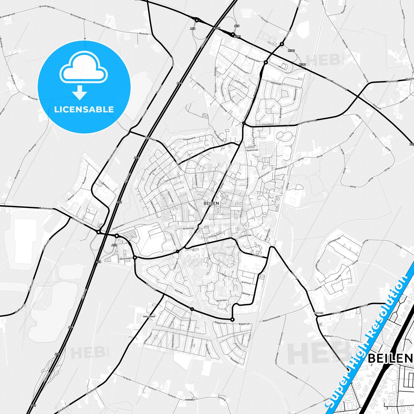 Midden-Drenthe, Netherlands Light Map with Street Names, City Names, and Districts