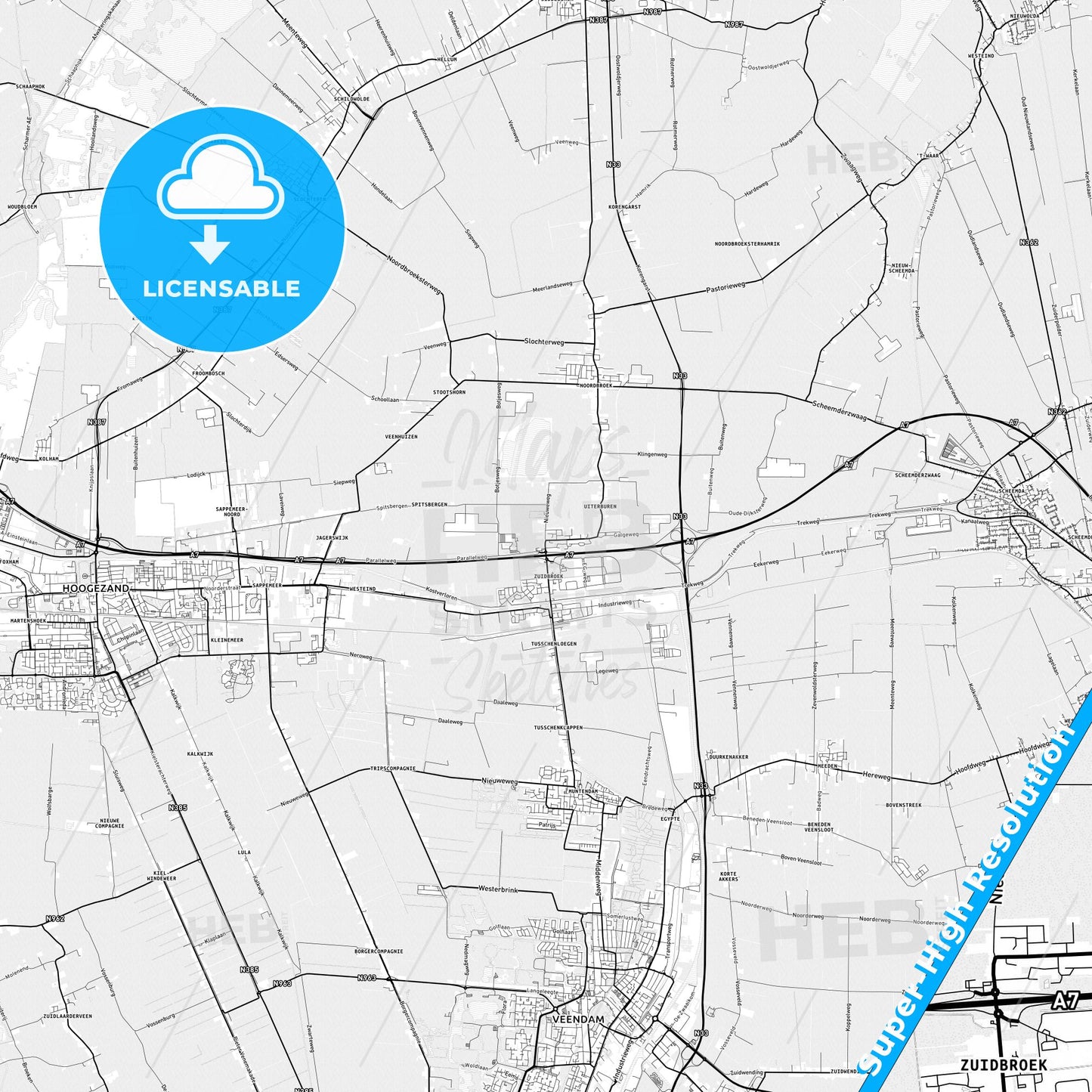 Midden-Groningen, Netherlands light map with streetnames, citynames and districts