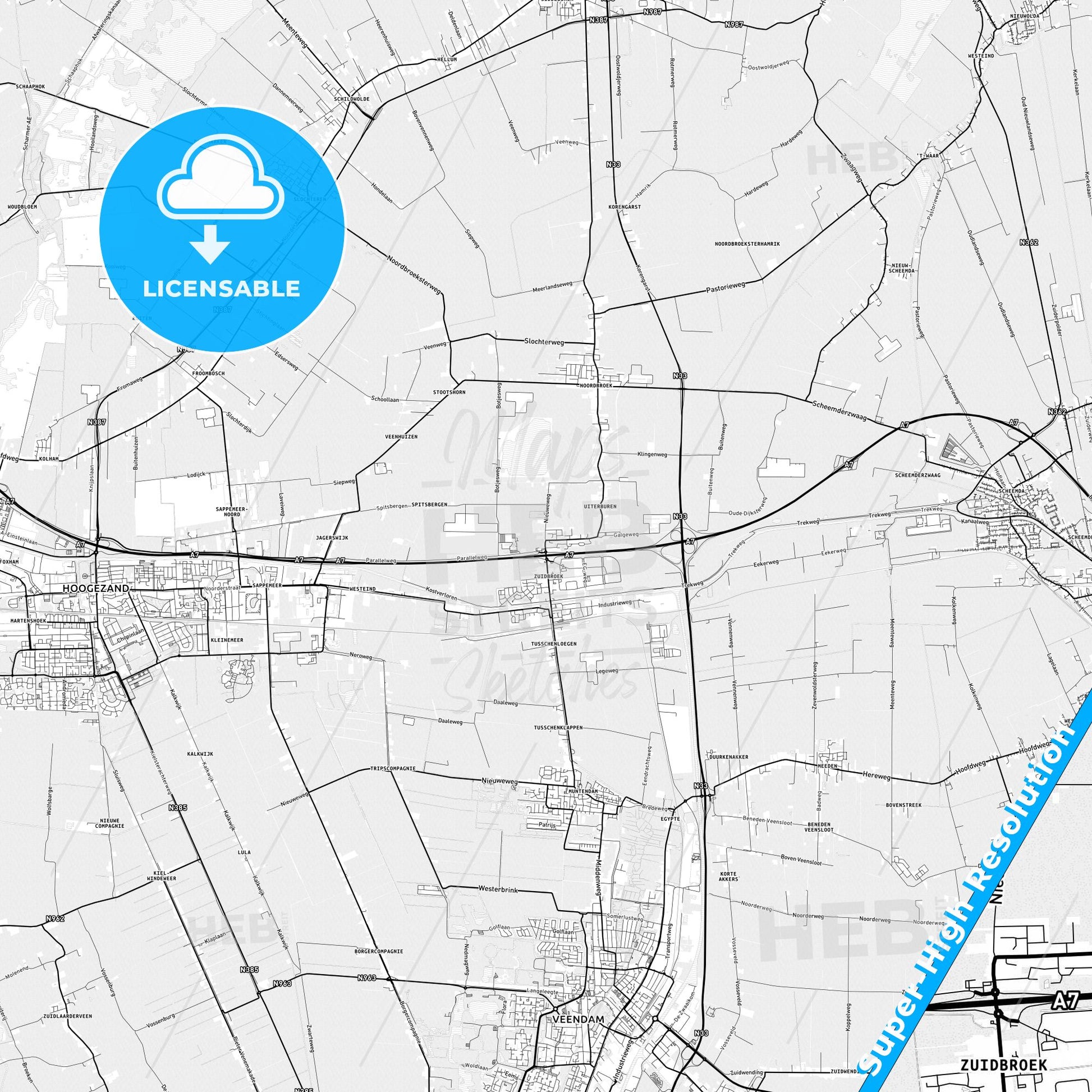Midden-Groningen, Netherlands light map with streetnames, citynames and districts