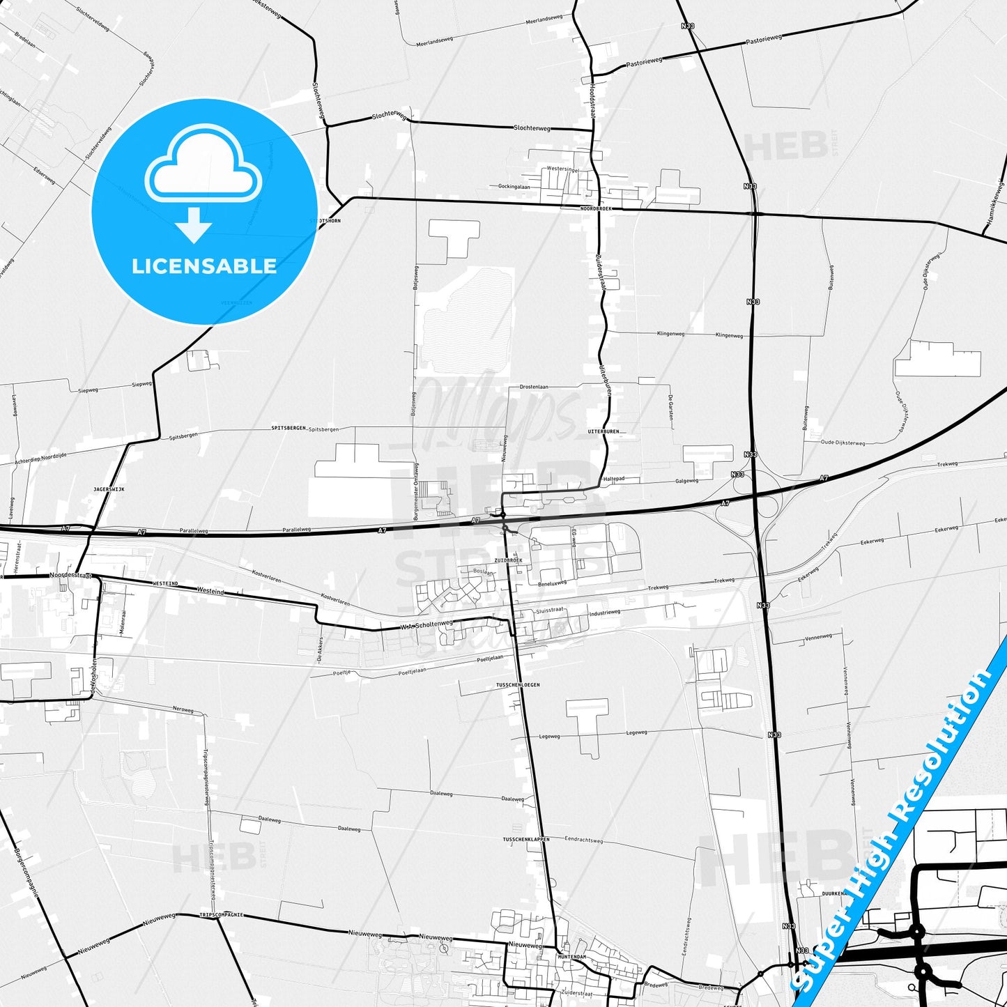 Midden-Groningen, Netherlands Light Map with Street Names, City Names, and Districts