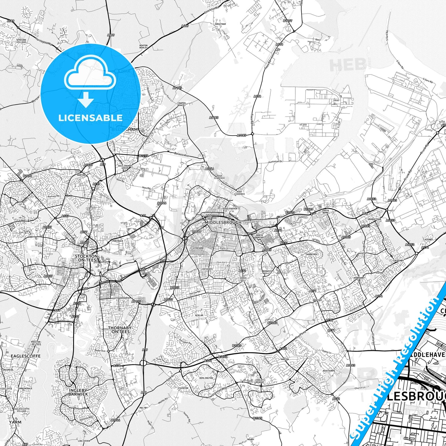 Middlesbrough, England light map with streetnames, citynames and districts