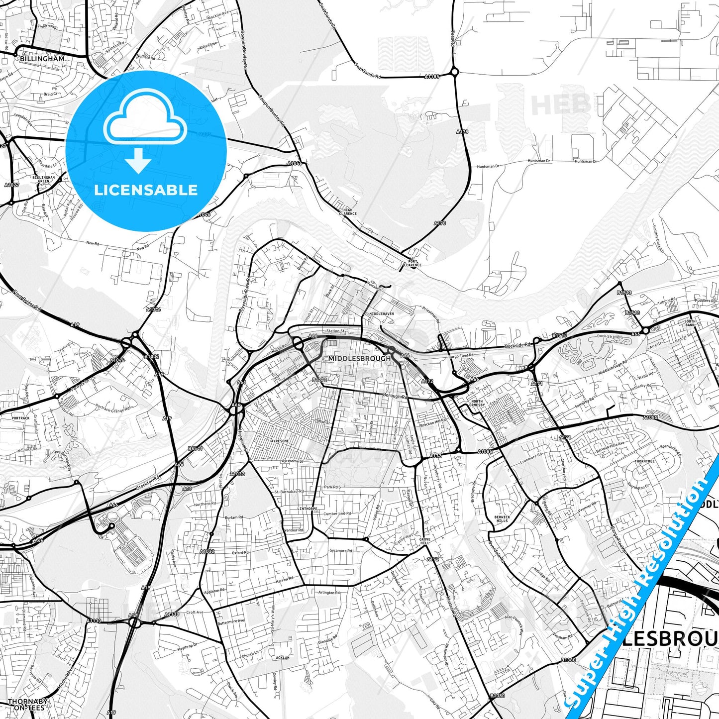 Middlesbrough, England Light Map with Street Names, City Names, and Districts