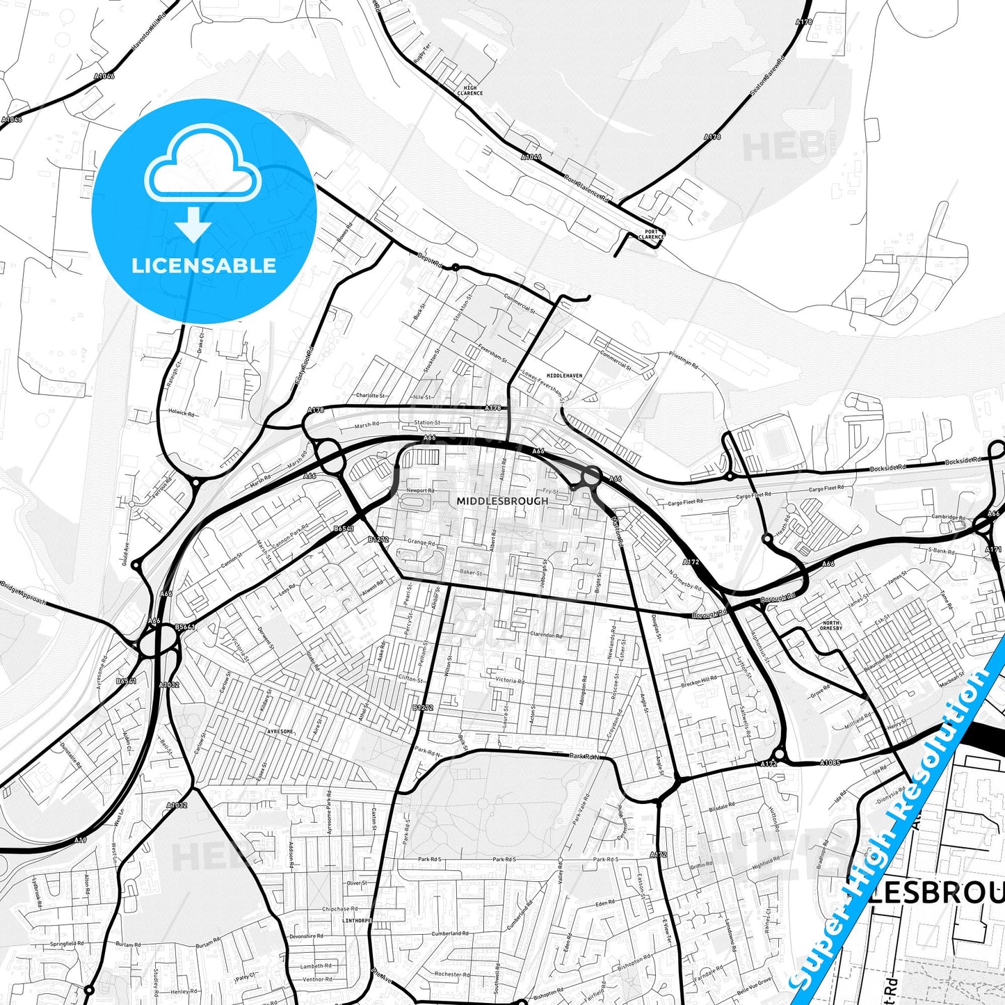 Middlesbrough, England Light Map with Street Names, City Names, and Districts