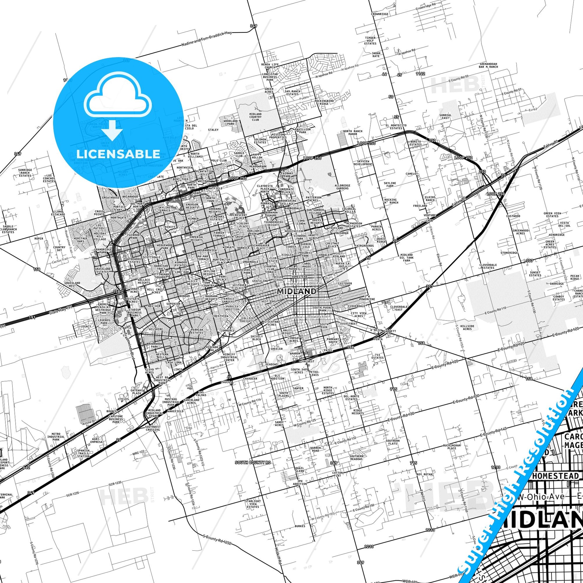Midland, Texas light map with streetnames, citynames and districts