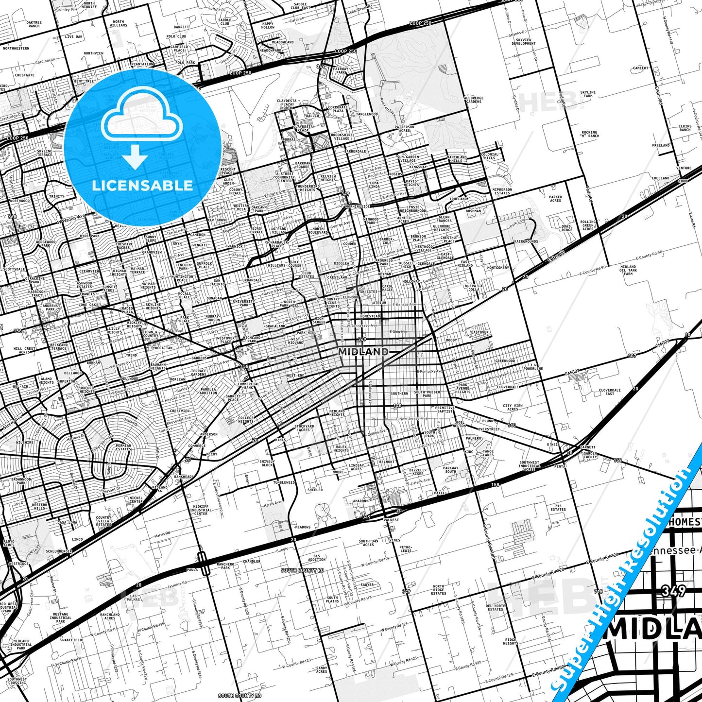 Midland, Texas Light Map with Street Names, City Names, and Districts