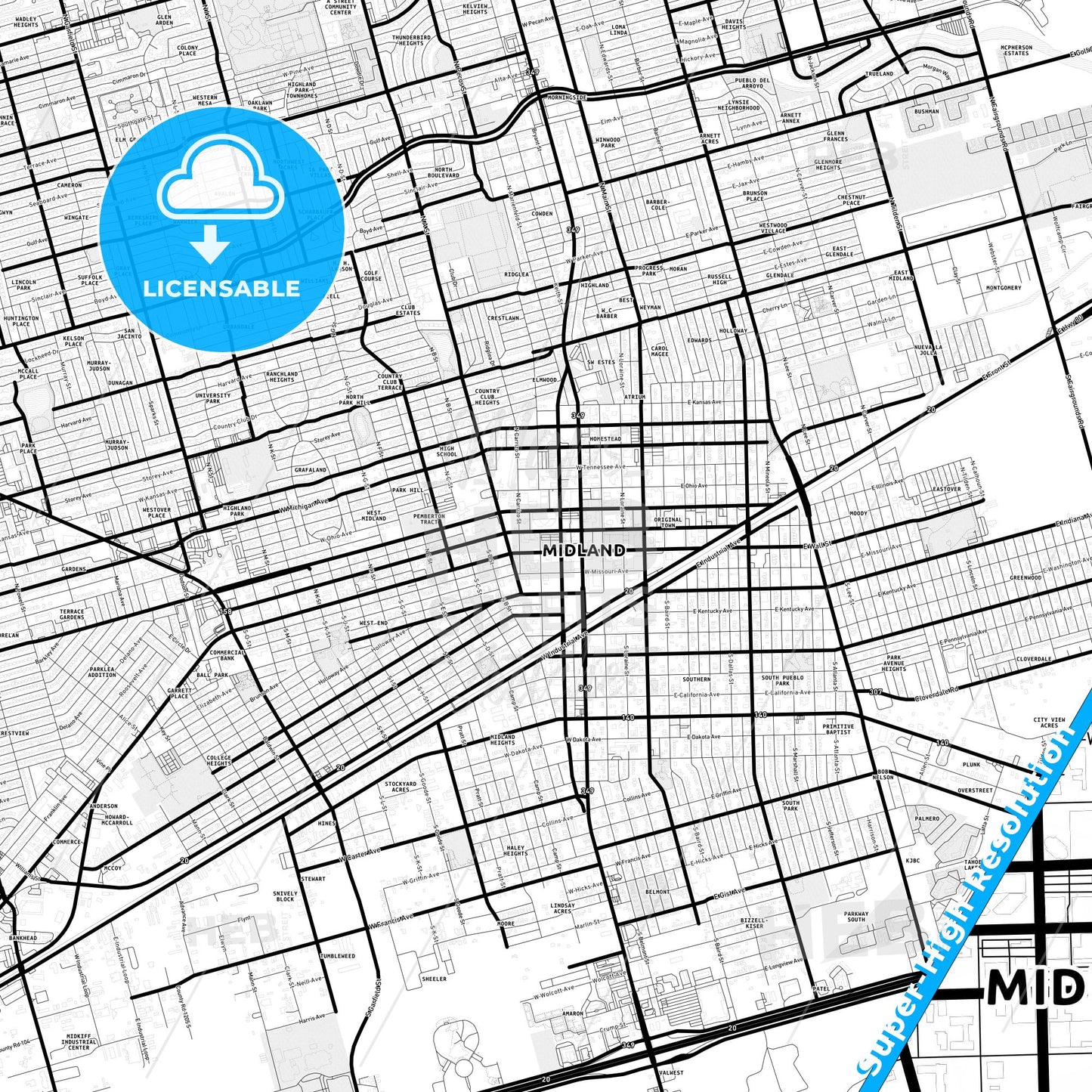 Midland, Texas Light Map with Street Names, City Names, and Districts
