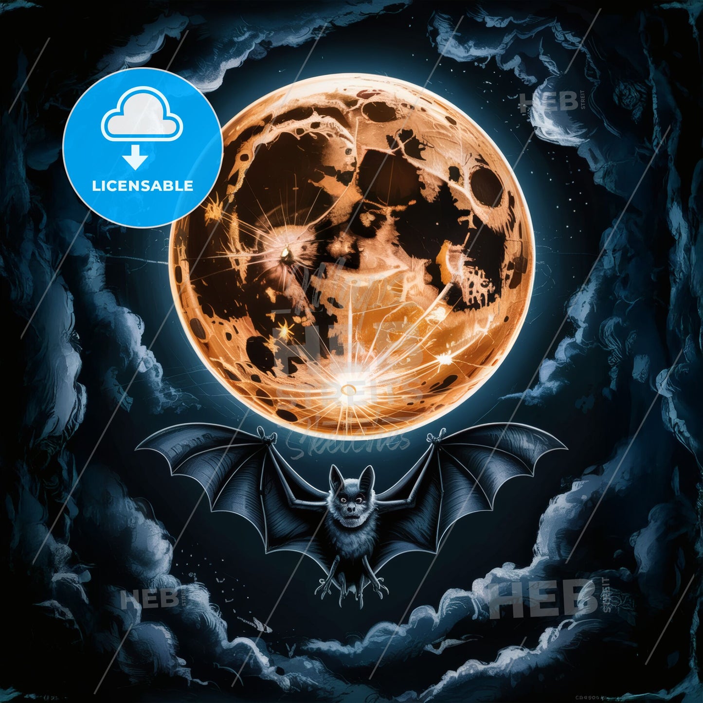 Midnight Flight: Enchanting Bat Silhouette Against a Glowing Harvest Moon