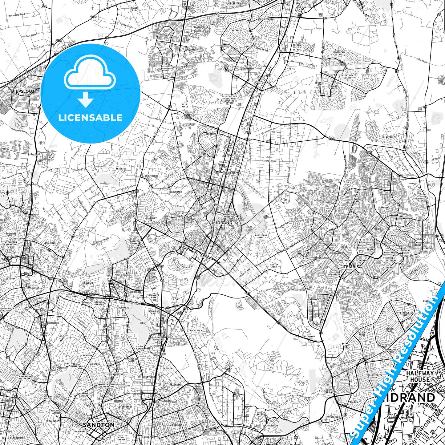 Midrand, South Africa light map with streetnames, citynames and districts